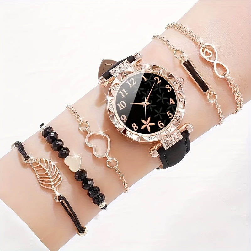 6pcs/set Wome nens wath Csal Rower Quatz Wath Aalcogu L eather tW wacn & Bralese Git for MomHer