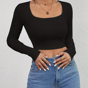 Squared Neck Cropped T-shirt, Casual Long Sleeve Solid T-shirt, Women's Clothing