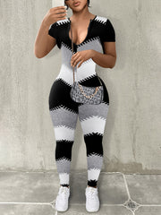 Women'S V-Neck Zipper Jumpsuit - Chic Black, White & Gray Overalls with Leopard Print Detail, Casual All-Season Style