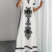 Women'S Elegant White & Black Floral Print Maxi Dress with Keyhole Detail - Casual Polyester Tunic Dress for Summer, Middle Eastern Ethnic Style, Lightweight & Breathable, Perfect for Casual Attire, Summer Casual Wear | Flora