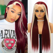 Burgundy Highlight Blonde Lace Front Wig for Women - 13x4 Inch, 26-Inch Silky Straight Synthetic Heat Resistant Fiber, Pre-Plucked Hairline, Glueless Design for Daily & Party Wear, Party Hairpiece | Elegant Hairpiece | Gluele