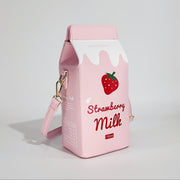 Unique, Chic Milk Carton-Shaped Crossbody Bag with Cow & Letter Print, Adjustable Strap, Zip Closure - Perfect for Travel & Everyday Use, Pink Faux Leather, Girl, Strawberry Pattern