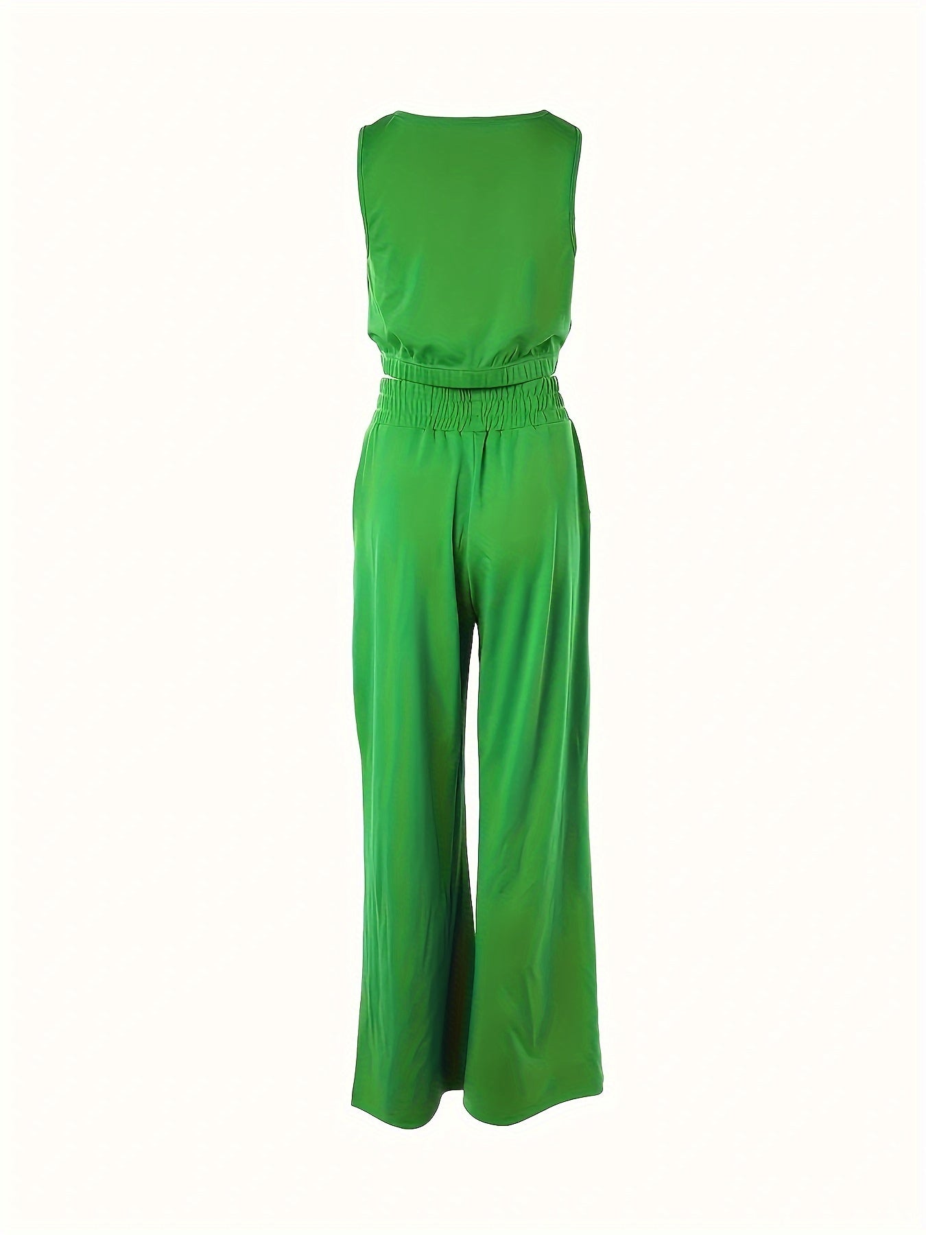 Solid Color Casual Pantsuits, Crew Neck Sleeveless Tank Top & Drawstring Elastic Waist Pants Outfits, Women's Clothing
