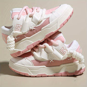 Women's Cute Chunky Lace-Up Sneakers - Pink, Low-Top, Thick Sole, Casual Athletic Shoes - Fabric/PU Upper, Rubber Sole, All-Season Design