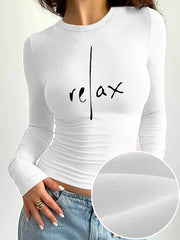 Women'S Elegant Long Sleeve Crew Neck T-Shirt with "Relax" Letter Print, Knit Polyester Blend, Skinny Fit, Short Length, Medium Stretch, Fall/Winter Casual Layer Top