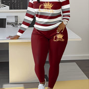 Women's Striped Crown Print Casual Tracksuit Set - Polyester & Elastane Knit Crew Neck Long Sleeve Top with Pants, No Belt - Fall/Winter Cozy Loungewear Suit (1 Top + 1 Pants)