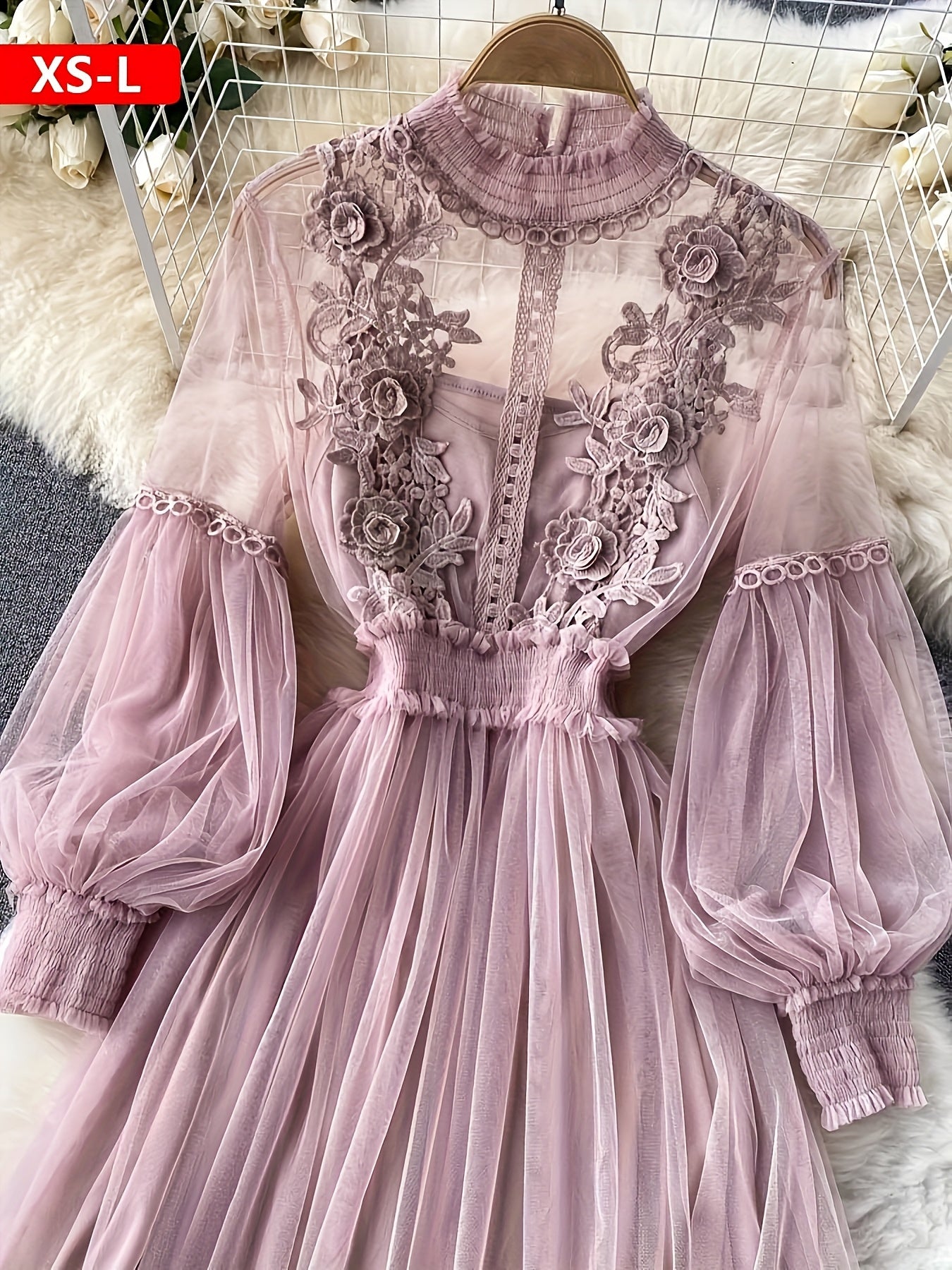 Plus Size Dresses Women'S Fashion Three-dimensional Flower Collage Sheer Mesh Balloon Sleeve Slim Long Dress Light Luxury Design Sense Women'S Chiffon Lace Shirt Suspender Base Shirt, Luxury Gift For Women
