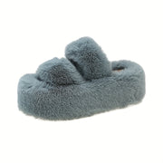 Women's Plush Fleece-Lined Slip-On Slippers with 2.76inch Thick TPU Sole - Cozy Winter Indoor House Shoes in Black, Light Blue, Beige & Brown, Comfortable Loungewear | Casual Slipon | Soft Fabric Construction, House Slippers