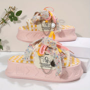 Women's Cute Thick Sole Slide Sandals - Spring/Summer 2025 Collection, Pastel Checkered Design with Bowknot, Open Toe, Fabric Upper & Rubber Sole, Comfortable Outdoor Wear, Casual Sandals | Bowknot Detail | Soft Strap Sandals