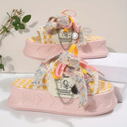 Women's Cute Thick Sole Slide Sandals - Spring/Summer 2025 Collection, Pastel Checkered Design with Bowknot, Open Toe, Fabric Upper & Rubber Sole, Comfortable Outdoor Wear, Casual Sandals | Bowknot Detail | Soft Strap Sandals