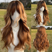 Pick Dyed Long Curly Wavy Wig With Bangs Synthetic Wig Beginners Friendly Heat-resistant Elegant Daily Use Female Wig.