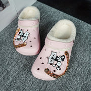 Women's Winter Thermal Clogs – Cartoon Pattern, EVA Sole, Fabric Liner, Golden Chain Detail