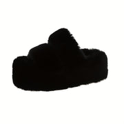 Women's Plush Fleece-Lined Slip-On Slippers with 2.76inch Thick TPU Sole - Cozy Winter Indoor House Shoes in Black, Light Blue, Beige & Brown, Comfortable Loungewear | Casual Slipon | Soft Fabric Construction, House Slippers
