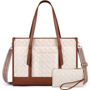 KTMOUW Laptop Bag For Women 15.6 Inch Vegan Faux Leather Work Tote Bag Quilted Womens Briefcase Designer Laptop Bags For Office Teacher College Cute Computer Bag With Purse Professional Beige & Brown