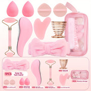 10pcs Facial Massage Set, Including 1 Double-Head Roller Massager, 1 Heart-Shaped Massage Board, 1 Pink Hair Band, 1 Long-Handled Hair Comb, 2 Air Cushion Powder Puffs, 2 Water Drop Beauty Eggs, 1 Metal Beauty Egg Stand, for