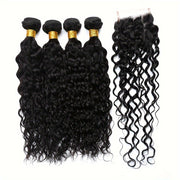 4 Bundles Water Wave Human Hair with 4x4 Lace Closure - 100% Virgin Remy Hair, Unprocessed Curly Wet and Wavy Weave for Natural Look, Includes Frontal Closure, Perfect for All Ethnicities