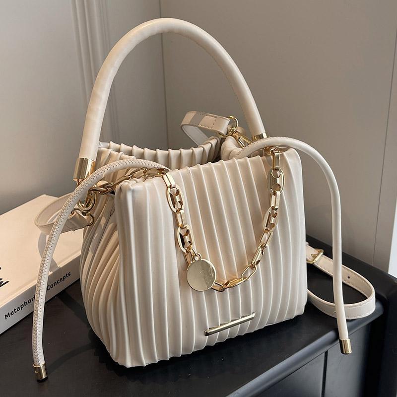 Elegant White Pleated Bucket Bag for Women – Chic Summer Crossbody Shoulder Handbag with Golden-Tone Hardware & Braided Handle, Versatile All-Match Design, Ladies Handbags