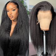 34" Kinky Straight Glueless Human Hair Wig with Pre-Plucked 4x4 HD Lace Closure, 180% Density, Natural Black - Long Yaki Texture for Women, Elegant Style, Perfect for Everyday or Special Occasions