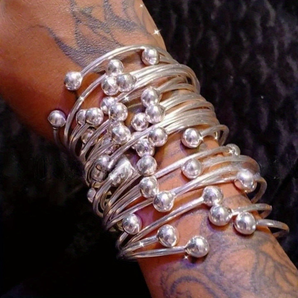 Retro Boho Thick West Indian Bangles, 10mm Ball Silvery Bangles, Boho Stacking Bangles, Handmade Silvery Bangles for Women Daily Holiday Jewelry Gifts