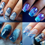 96PCS (4 PACK) Short Press on Nails Square False Nails Medium Length Acrylic Nails Gold Lines Fake Nails Glitter Ombre Glue on Nails Blue to Transparent Gradient Stick on Nails Full Cover Nails for Women