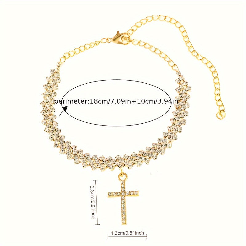 2pcs Gold Glitter Cross Pendant Anklet Set for Women – Elegant Rhinestone Chain Anklets – Personalized Summer Beach Jewelry Gift