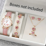 6pcs Elegant Faux Leather & Rose Golden Accessory Set - Heart-Shaped Watch, Bracelet, Necklace, Earrings with Pink Rhinestones - Perfect Mother'S Day Gift for Moms, Everyday Style, Everyday Accessory Set|Fashionable Gift Set|
