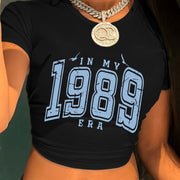 Women'S Y2K Graphic Crop Top T-Shirt - "In My 1989 Era" Letter Print, Short Sleeve, Crew Neck, Lightweight Polyester, Spring/Summer Casual Wear
