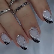 24pcs French Gradient Nail Art Tips Set, Oval Shape Short Length, Black & Fair Tone, Glossy Finish, with Glitter Accents, Jelly Adhesive Tabs & Nail File