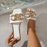 Women'S Solid Color Square Toe Flat Sandals, Fashion Slip-on Beach Slippers with TPR Sole, Man-Made Materials Upper/Inner/Insole, Comfortable Flat Heel