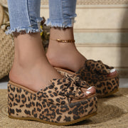 Women's Leopard Print Wedge Sandals with Bowknot - Stylish Slip-On Platform Heels, Comfortable Open Toe Design for Everyday & Party Wear, Black and Brown Animal Print Pattern, Everyday Footwear | Elegant Footwear | Fabric Upp