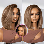 4/27 Highlight Ombre Straight Short Bob Lace Front Wig - 220% Density Human Hair with HD Transparent Lace Closure & Pre-Plucked Baby Hair, Honey Blonde to Dark Brown Gradient - Elegant Style for Women, Perfect for Parties, We