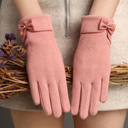 Winter Velvet-Lined Touchscreen-Compatible Wrist-Length Mitts with Chic Bow Accent for Women, Suitable for Ages 15+, 100% Acrylic, Woven
