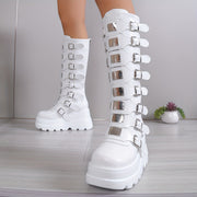 Womens Stylish Wedge Heel Boots with Fashion Buckle Straps - Platform Design, Back Zipper Closure - Perfect for Carnaval & Music Festivals - Trendy and Comfortable