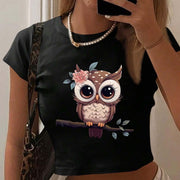 Women's Y2K Graphic Crop Top T-Shirt - Black Owl Design with Floral Accents, Short Sleeve, Stretchy Polyester Blend, Perfect for Spring/Summer/Fall, Young Adult Clothing | Trendy Tiktok Style | Glossy Fabric Finish, T-Shirt S