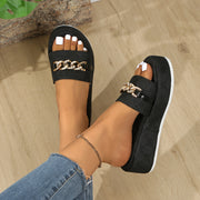 Women'S Pink Platform Sandals with Metal Chain & Rhinestones - Casual Slip-On, Open Toe, Mid-Heel, Lightweight & Stylish, All-Season Footwear, Casual Footwear | Metallic Chain Sandals | Rubber Sole Sandals