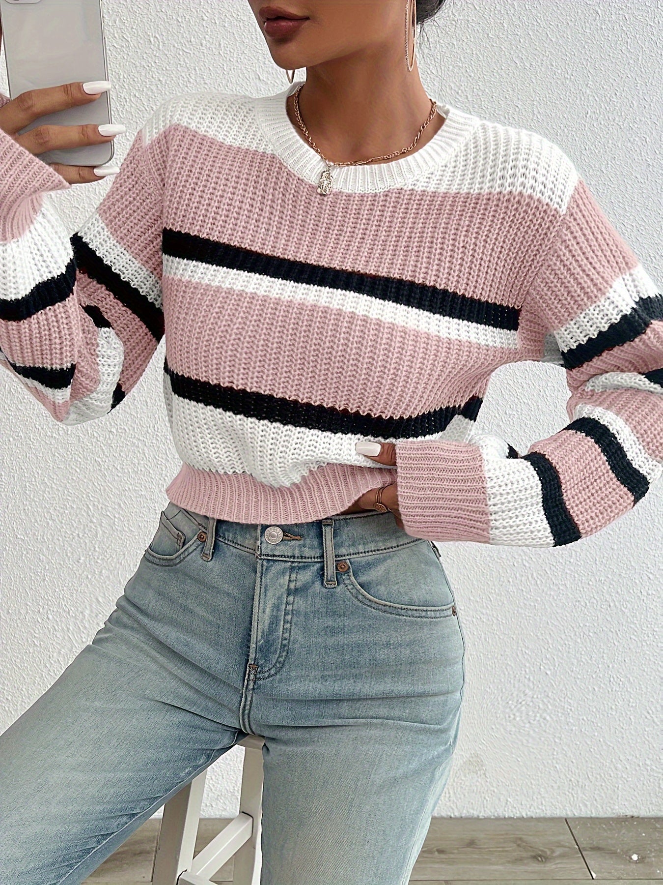 Casual Colorblock Knitted Crew Neck Sweater - Drop Shoulder Long Sleeve - Women's Clothing