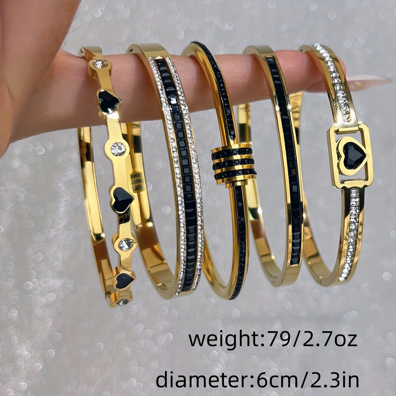 5pcs Elegant Golden-Toned Stainless Steel Bracelet Set with Heart Charms & Sparkling Rhinestones - Ideal Gift for Her, All-Season Wear, Delicate, Single Row Diamond, Triple Layer Diamond