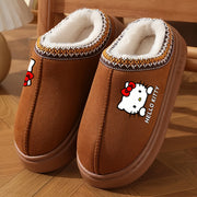 Sanrio Hello Kitty Plush Lined Slippers for Women - Cozy Thermal Winter Home Shoes with Thick Non-Slip EVA Sole, Brown Cover Upper with Decorative Stitching, Hand Wash or Dry Clean, House Slippers