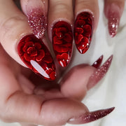 48pcs Safflower Fake Nails Red Gradient Nail Pressing, Flashing Medium-Long Almond Fake Nails, Elegant Fake Nails Girls Are Suitable As Fine Gifts for Each Other on Valentine'S Day.