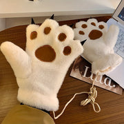 Cozy Cat Paw Plush Mittens - Ultra-Warm, Windproof Thick Fleece Gloves with Cute Animal Design for Cycling, Skiing & Outdoor Activities, White with Brown Accents