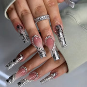 3boxs European And American Style Nail Plate with Glitter, Long Square, Black, French Style Nail Art, Three-dimensional Heart-shaped Broken Glitter, Wearable Nail