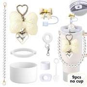 9pcs Elegant Pink & White Water Bottle Accessories Set - Pearl Embellished Straps, Resin Bows, Silicone Boot Covers, Spill-Stopper Lids for Ideal Valentine'S Day, Mother'S Day & Birthday Gifts, Water Bottle Accessories | Eleg