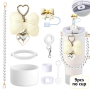 9pcs Elegant Pink & White Water Bottle Accessories Set - Pearl Embellished Straps, Resin Bows, Silicone Boot Covers, Spill-Stopper Lids for Ideal Valentine'S Day, Mother'S Day & Birthday Gifts, Water Bottle Accessories | Eleg