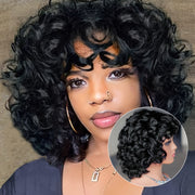 10 Inch Brazilian Virgin Human Hair Wig with Bangs - Glueless Loose Curly 200% Density Rose Net Cap Black Natural Wave Wig for, Daily Wear & Special Occasions, Highdensity Hairpiece