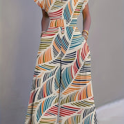 Vibrant Tropical Leaf Print Women'S Jumpsuit - Casual V-Neck, Sleeveless Romper with Matching Overalls, Colorful Abstract Design, Perfect for All Seasons, Allseason Jumpsuit|Vneck Romper|Colorful Abstract Print