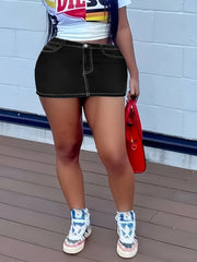 Women's Sexy Casual Denim Mini Skirt - Straight Cut Dark Blue Jeans with Contrast Stitching & Zip Button Closure, Machine Washable for Spring Summer Fall, Seasonal Fashion | Medium Elasticity, Denim Skirt, Chicsale