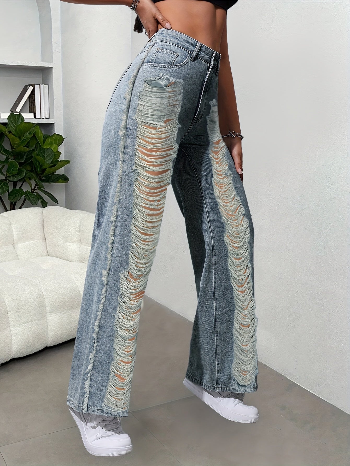 Women's High-Waisted Straight-Leg Distressed Ripped Jeans - 450gsm Heavyweight Denim Pants with Frayed Hem, 73% Blend, Machine Washable, All-Season Casual Wear, Relaxed Fit Pants | Raw Hem Design | Rugged Denim Texture
