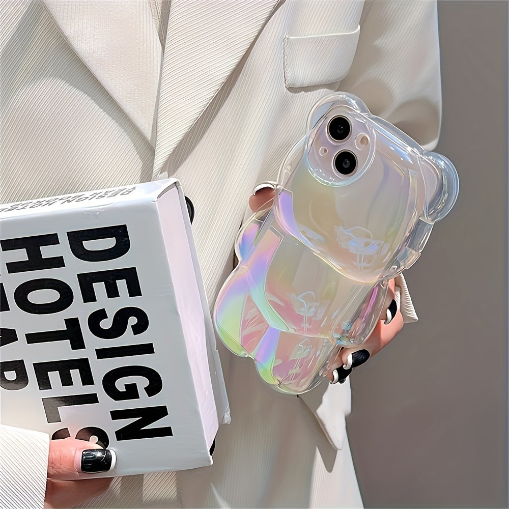 Cute Bear Aurora Laser Transparent Phone Case for iPhone 15 14 13 12 11 Pro Max Plus Luxury Cartoon Bear Clear Soft Shockproof Cover