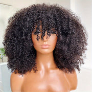 Brazilian Remy Human Hair Afro Kinky Curly Wig with Bangs - Glueless 200% Density Rose Net Cap, Elegant Short Curly Bangs Wig for Women of All Ethnicities, Hair Wig