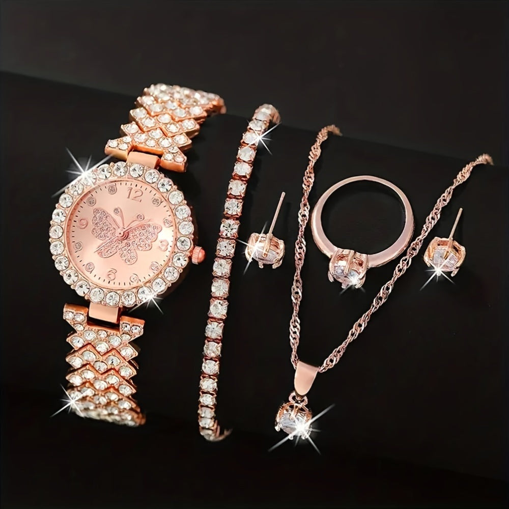 6pcs Women'S Fashion Elegant Quartz Watch, Rose Golden, Zinc Alloy Strap, Round Dial, Zinc Alloy Case, Necklace Earrings Ring Bracelet Gift Set